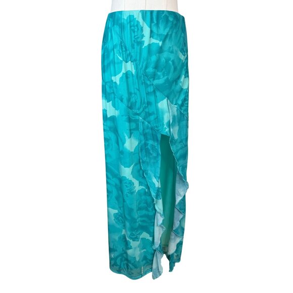 2/$30 NWT Something New Medium Turquoise/Teal Floral Ruffle Maxi Skirt Side Slit - Picture 6 of 16